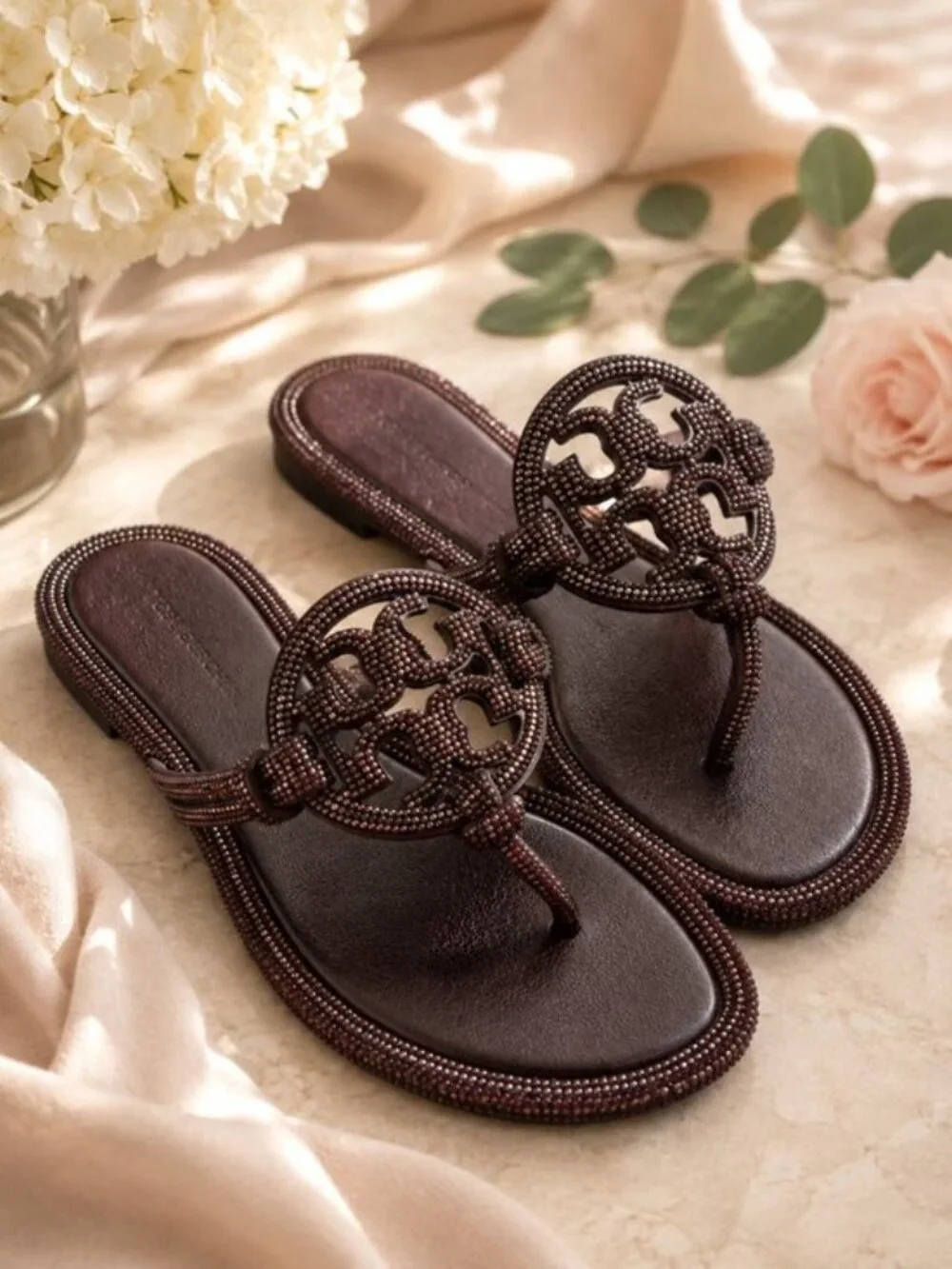 NEW Tory Burch Knotted Crystal Miller Sandals COCOA BROWN